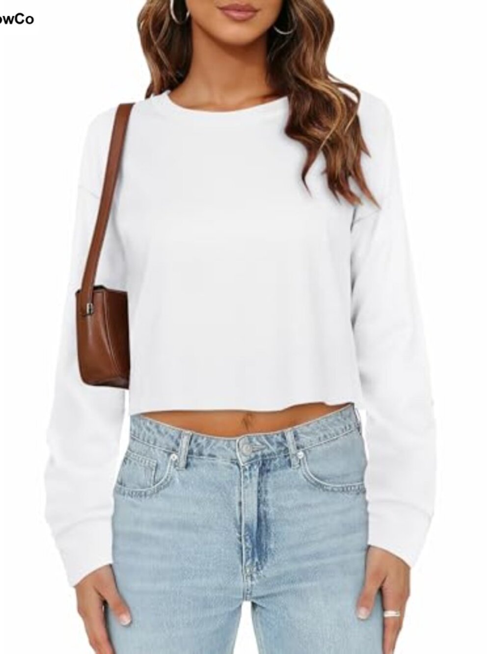 Womens Long Sleeve Crop Top Crewneck Loose Fit Basic Tee